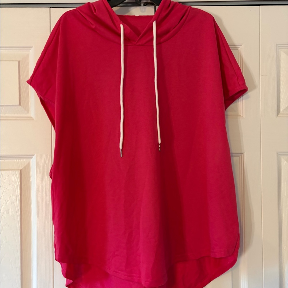 SHEIN Hot Pink Short Sleeve Hooded Top with Drawstring